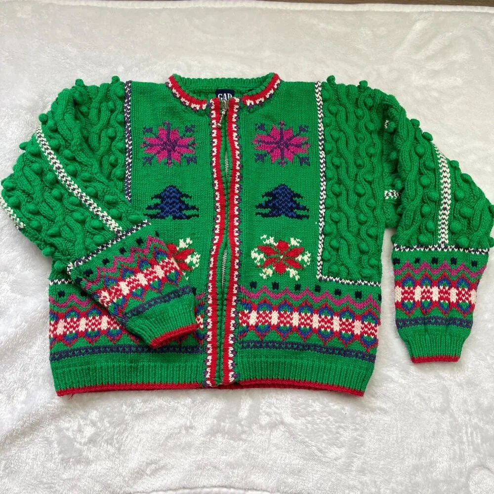Vintage Gap Handknit Holiday Cardigan Sweater Girls XL 100% Cotton‎ Christmas